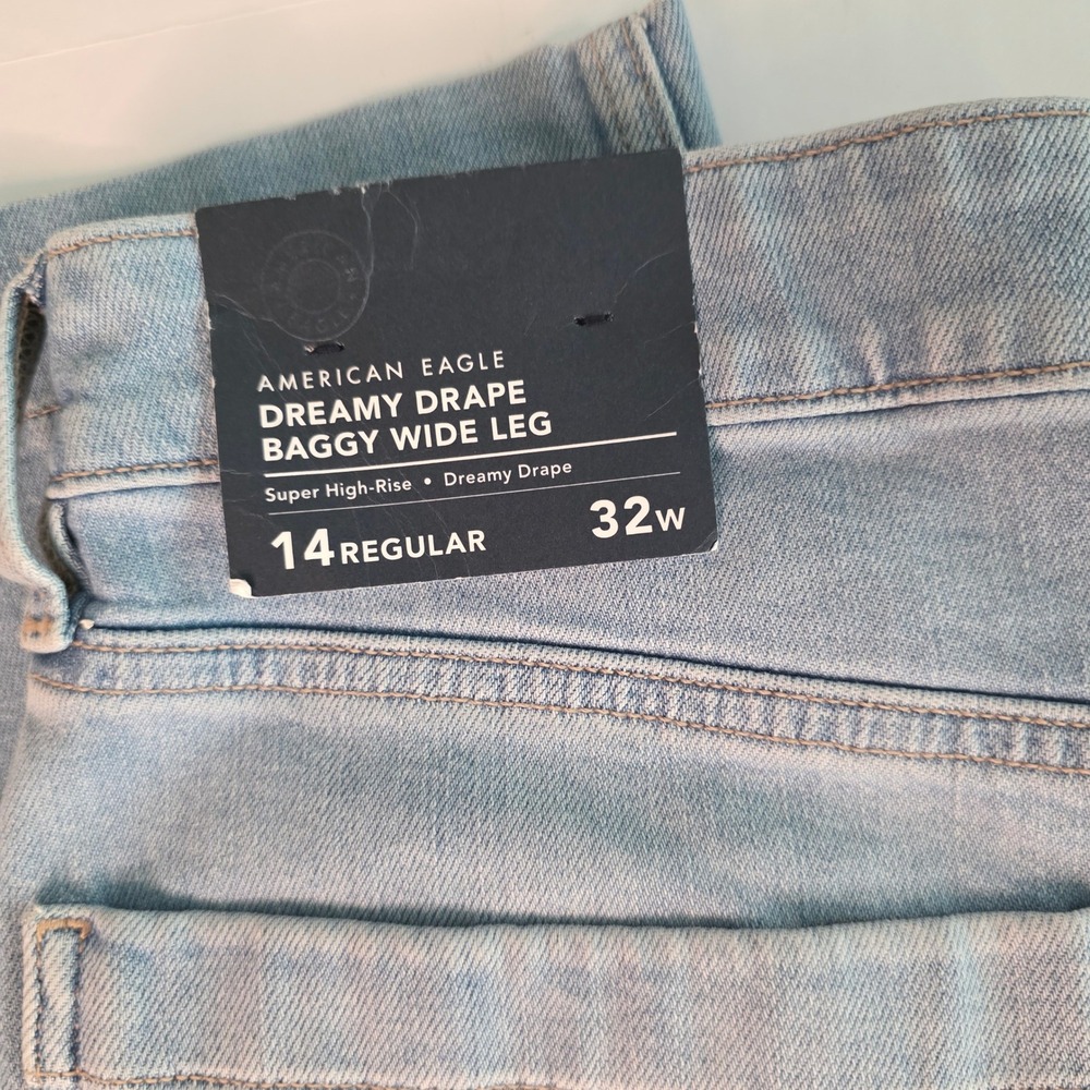 American Eagle Dreamy Drape Baggy Wide Leg Carpenter Jeans Light Wash 14 Regular - Picture 6 of 16